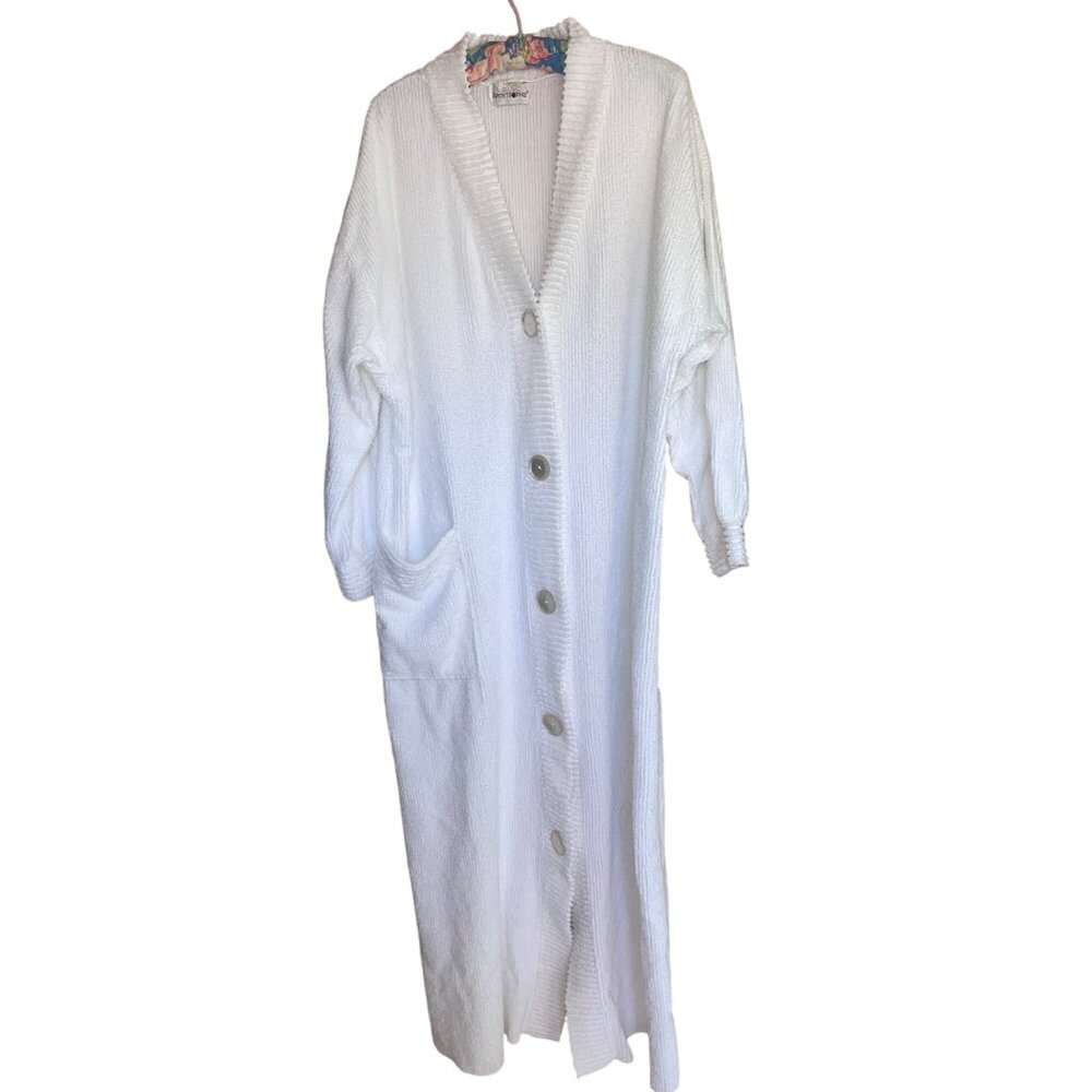 Apostrophe Womens Size M White Cotton Chenille Pocket V-neck Maxi Robe Vintage